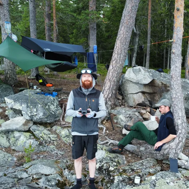 Drone shot selfie from a camp in Norway on a lake.