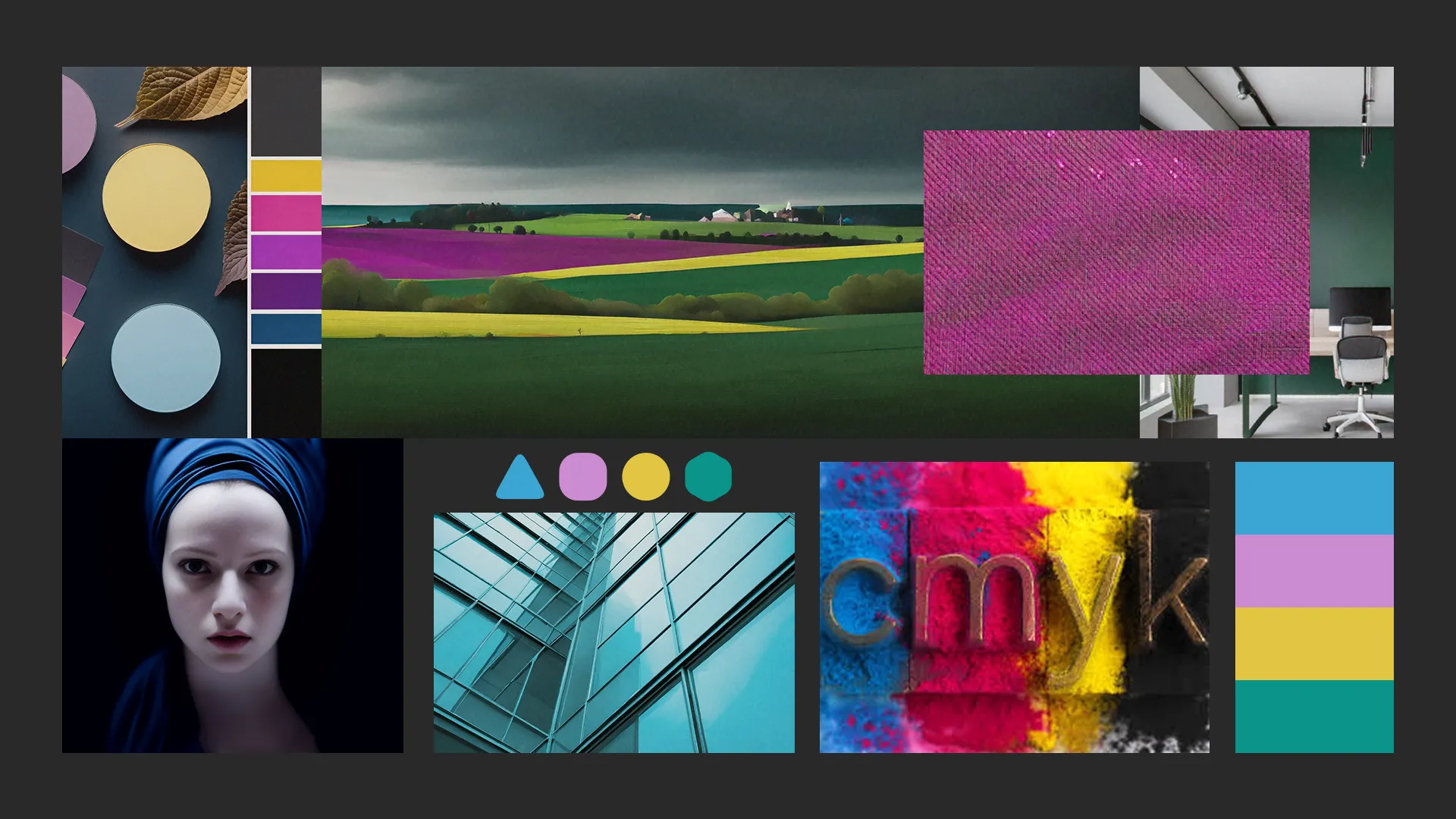 A moodboard for a cyan magenta & yellow color palette with many different color matching imagery.