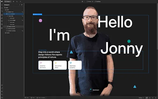 Screenshot of the hero section of this website opened in Webflow.