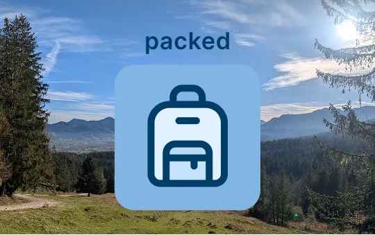 Cover for the packed app showing the blue backpack app icon on a background of a photo in the mountains.